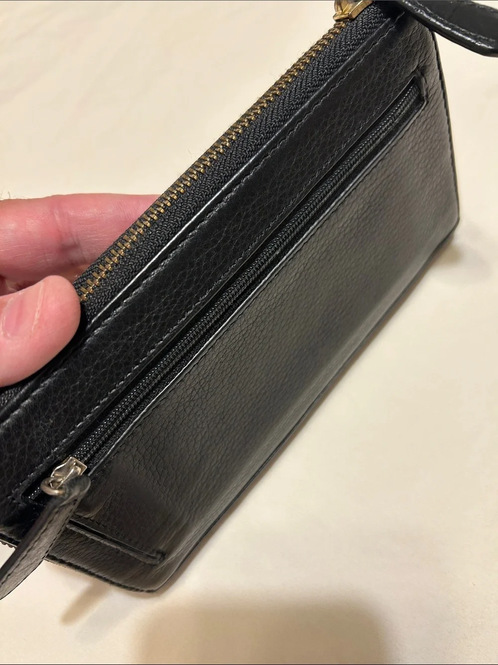 Perlina Black Leather Zip Wallet Wristlet with Gold Hardware